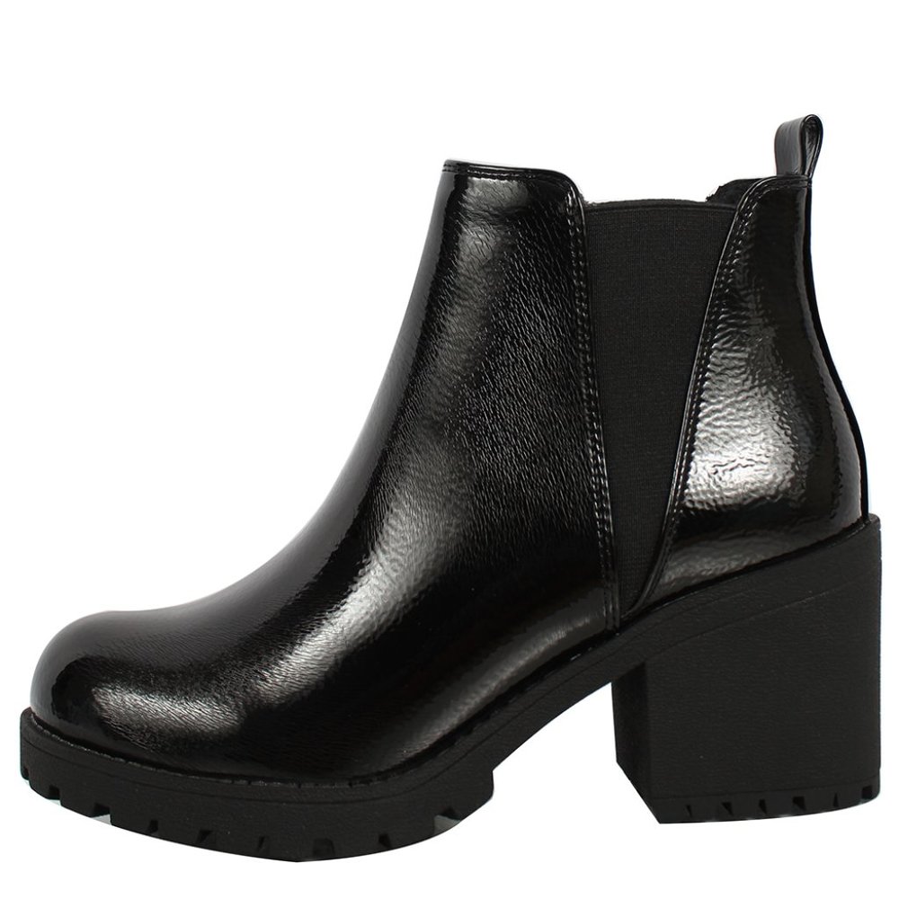 Black Crinkle Faux Leather V Slit Chelsea Block Heel Ankle Bootie